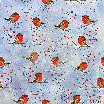 Seamless pattern with bullfinch birds on a blue background Stock Photo