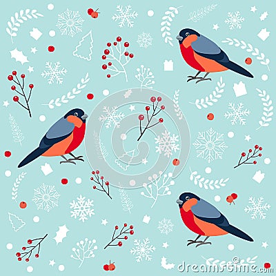 Seamless pattern with bullfinch. Christmas and New Year design greeting cards. Vector illustration. Vector Illustration