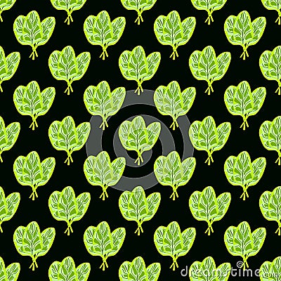 Seamless pattern bunch spinach salad on black background. Simple ornament with lettuce Vector Illustration