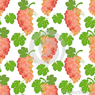 Seamless pattern, bunches of pink grapes and grape leaves with tendrils. Print, fruit background, textile Vector Illustration