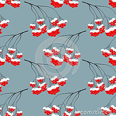 Seamless pattern, bunches of red rowan in the snow on a blue background. Print, background vector Vector Illustration