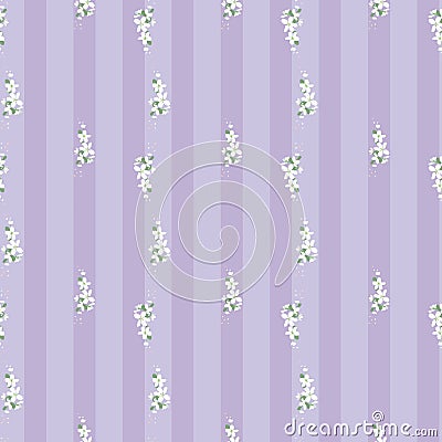 Seamless pattern with bunches of white flowers and vertical stripes on purple background Vector Illustration