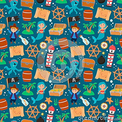 Seamless pattern. Bundle pirate, treasure map, ship wheel, chest, etc Vector Illustration