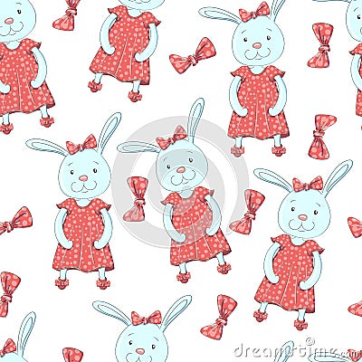 Seamless pattern Bunny girl. Sweet baby girl shower card. Vector Illustration