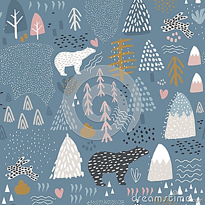 Seamless pattern with bunny,polar bear, forest elements and hand drawn shapes. Childish texture. Great for fabric, textile Vector Stock Photo