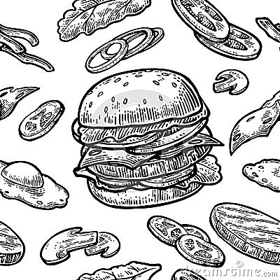 Seamless pattern burger include cutlet, tomato, cucumber and salad. Vector Illustration