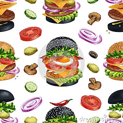 American Burgers seamless pattern illustration Cartoon Illustration