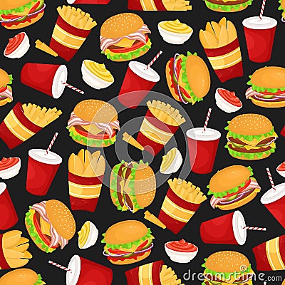 Seamless pattern with burgers, soda and fries. Vector illustration of fast food. Junk food Vector Illustration