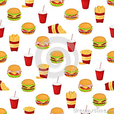 Seamless pattern with burgers, soda and fries. Vector illustration of fast food. Junk food Vector Illustration