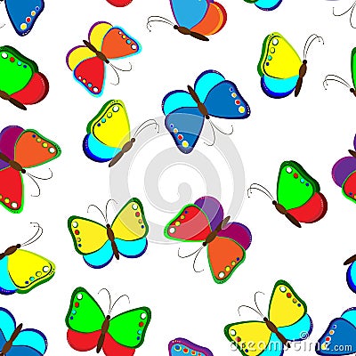 Seamless pattern of butterflies. Colourful child`s drawing of butterflies. Vector Cartoon Illustration