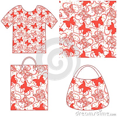 Seamless Pattern, Butterflies and Hearts Vector Illustration