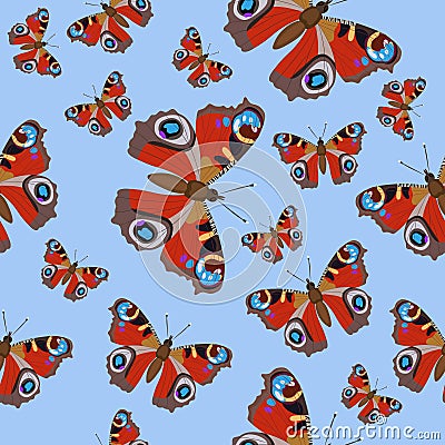 Seamless pattern with butterflies peacock eye. Burgundy butterflies on a blue background. Vector image Cartoon Illustration