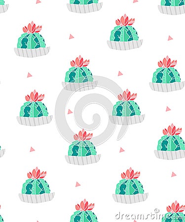 Seamless pattern with cacti in a flowerpots and pink triangles on white background. Ornament for textile and wrapping. Vector Vector Illustration