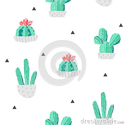 Seamless pattern with cacti in a flowerpots and triangles on white background. Vector Vector Illustration