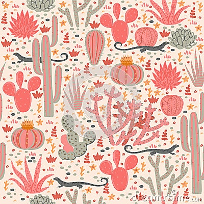 Seamless pattern with cacti and lizards. Vector graphics Stock Photo