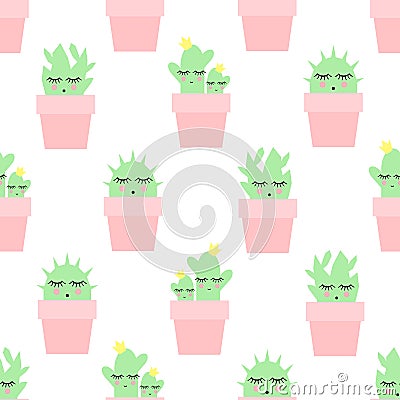 Seamless pattern of cacti in pink pots on white background. Vector Illustration