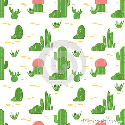 Seamless pattern of cacti and succulents. Flat design cactus isolated on white background. Vector Illustration