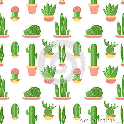 Seamless pattern of cacti and succulents in pots. Flat design cactus isolated on white background. Vector Illustration