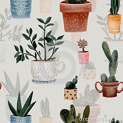 seamless pattern with cacti. Watercolor pattern with indoor plants Green seamless background. Watercolor twigs Cartoon Illustration