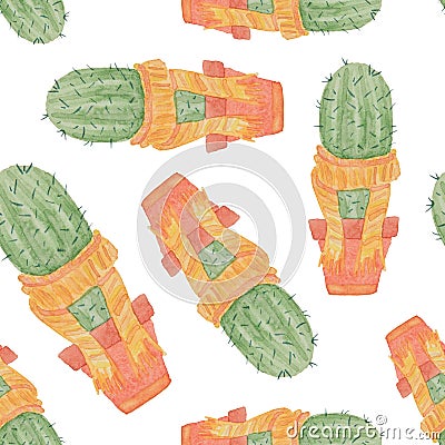 Seamless pattern of cactus characters painted in watercolor Stock Photo