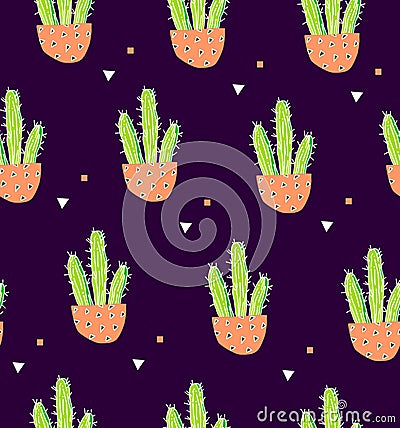 Seamless pattern with cactus in a flowerpot and geometric shape on black background. Succulent in doodle style. Ornament for texti Vector Illustration