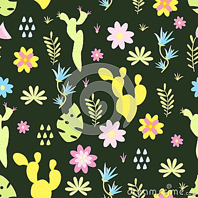 Seamless pattern with cactus flowers- vector illustration, eps Vector Illustration