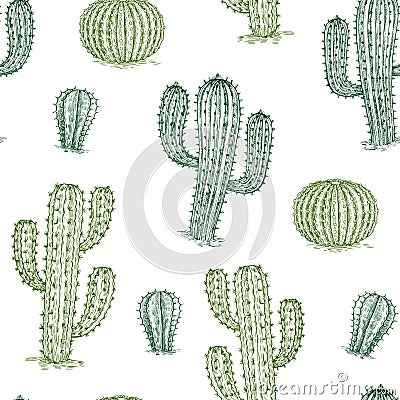 Seamless pattern with cactus. Hand drawn desert plants cactuses repeat vector texture Vector Illustration