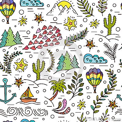 Seamless pattern with cactus, palm trees, ship anchor Vector Illustration