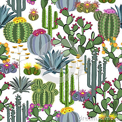 Seamless pattern with cactus plants, blue agaves, and prickly pear. Vector Illustration