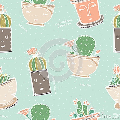 Seamless pattern with cactus in pot with face. Vector Illustration