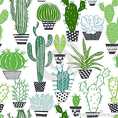 Seamless pattern with cactuses and succulents. Stock Photo