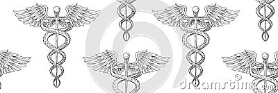 Seamless pattern of Cadeus Medical medecine pharmacy doctor acient symbol. Vector hand drawn black linear tho snakes with wings s Vector Illustration