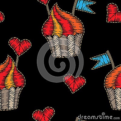 Seamless pattern with cake with flag and heart embroidery stitch Vector Illustration