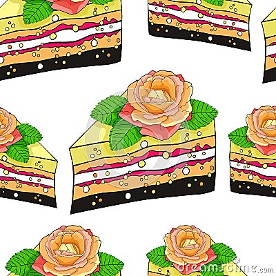 seamless pattern cake a piece with a rose flower. vector illustration Vector Illustration
