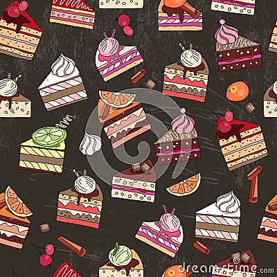 Seamless pattern with cake slices. Stock Photo