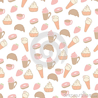 Seamless pattern with cakes and coffee. Sweets and cups with a drink. Vector. Hand-drawn in doodle style Stock Photo