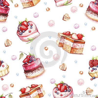 Seamless pattern with cakes.Hand draw watercolor illustration Cartoon Illustration