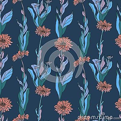 Seamless pattern with calendula flowers. Vector Illustration