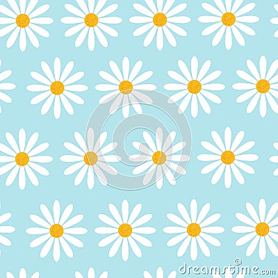 Seamless Pattern With Camomile Flowers On Blue Background Beautiful Floral Ornament Vector Illustration