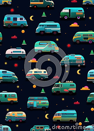 Seamless pattern with camper vans and camping trailers in blue background for repetition. Generative AI. Pattern mirrored repeat Stock Photo