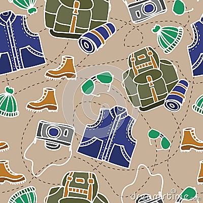 Seamless pattern of camping equipment white contour on beige background with stitch. Hand drawn tourist illustration Vector Illustration