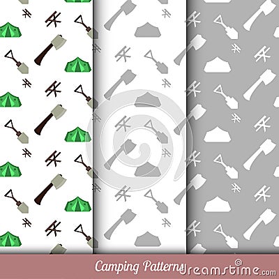 Seamless pattern on the camping theme, has three backgrounds. Vector Illustration