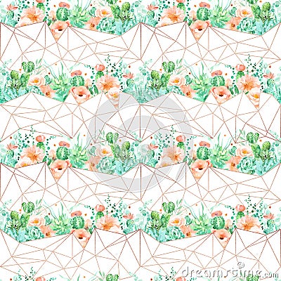 Watercolor geometric seamless pattern background with flowers, succulents and cactus Stock Photo