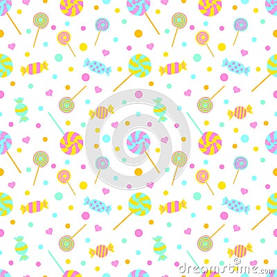 Seamless pattern with candies, lollipops and hearts. Endless sweet background, vector illustration Vector Illustration