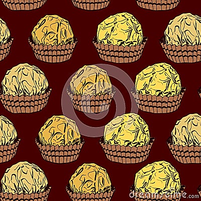 Seamless pattern Candy chocolate truffles in foil and paper cup. Drawing by hand sketch doodles. Golden yellow brown color. Vector Vector Illustration