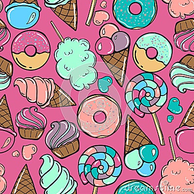 Seamless pattern with candy, donuts sweet icecream and other elements On pink background Vector Illustration