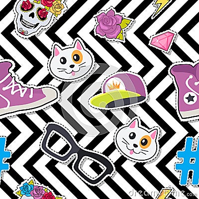 Seamless Pattern with Cap, Cat, Glasses, Thunder Vector Illustration