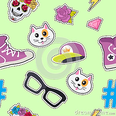 Seamless Pattern with Cap, Cat, Glasses, Thunder Vector Illustration