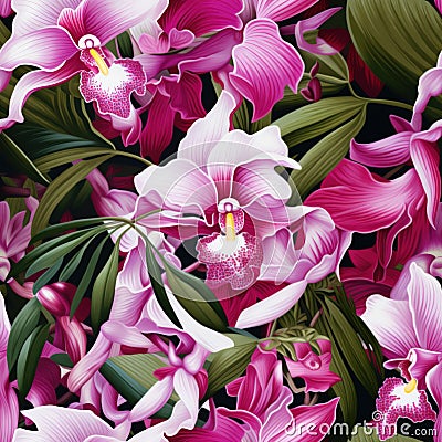 Seamless pattern of captivating, luscious, iridescent pink orchids Stock Photo