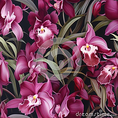 Seamless pattern of captivating, luscious, iridescent pink orchids Stock Photo